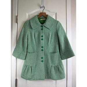 Tullette Vintage Inspired Jacket Green White 3/4 Sleeve Peplum Hem Women's M